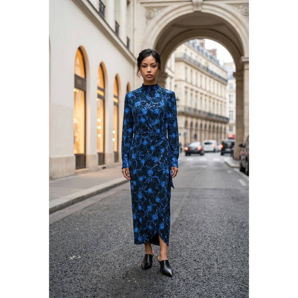 Kobi Halperin Blue‎ Floral Mock Neck Midi Faux Wrap Dress KF1D21